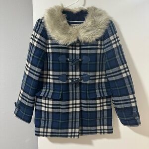 Plaid Coat with Faux Fur Collar